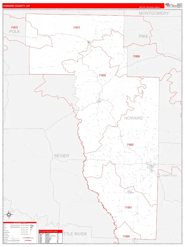 Howard County, AR ZIP Code Wall Map, RedLine style