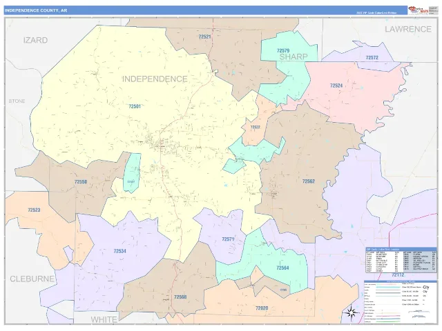 Independence County, AR ZIP Code Wall Map, ColorCast style