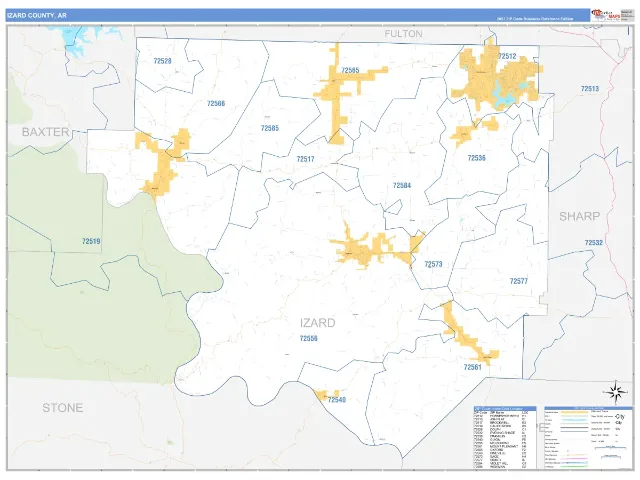 Izard County, AR ZIP Code Wall Map, Business Reference style