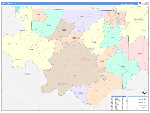 Izard County, AR ZIP Code Wall Map, ColorCast style