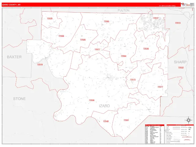 Izard County, AR ZIP Code Wall Map, RedLine style