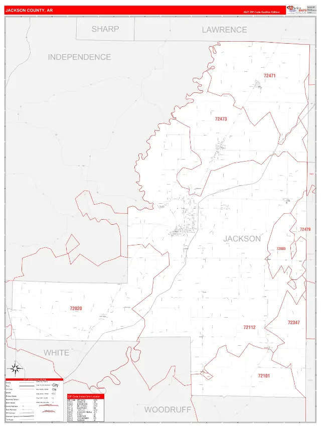 Jackson County, AR ZIP Code Wall Map, RedLine style