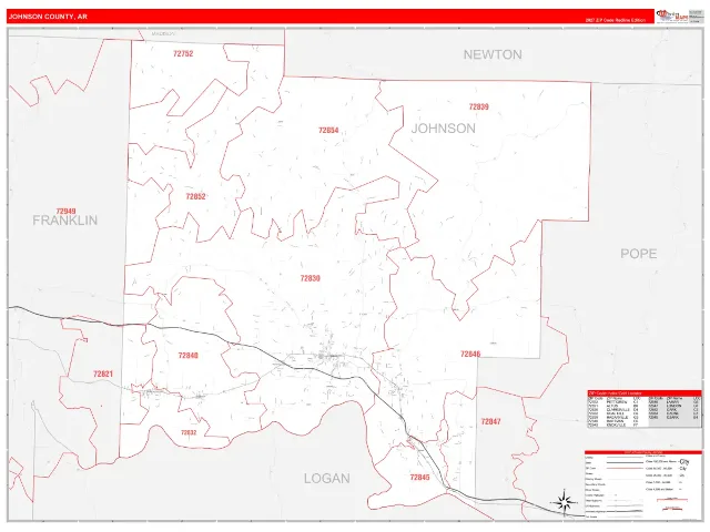 Johnson County, AR ZIP Code Wall Map, RedLine style