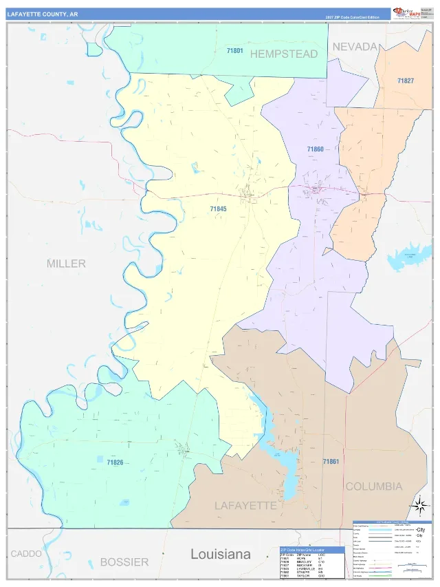 Lafayette County, AR ZIP Code Wall Map, ColorCast style