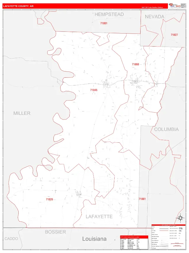 Lafayette County, AR ZIP Code Wall Map, RedLine style