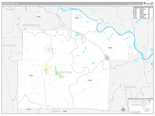 Lincoln County, AR ZIP Code Wall Map, Classic style