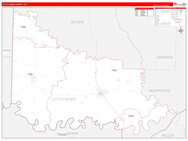 Little River County, AR ZIP Code Wall Map, RedLine style