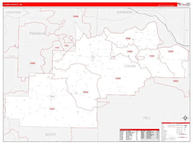 Logan County, AR ZIP Code Wall Map, RedLine style