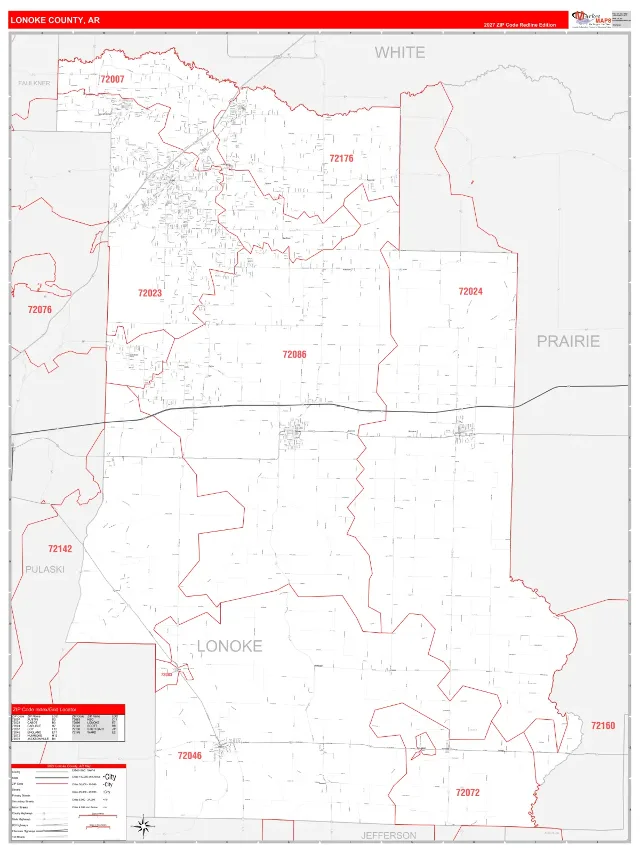 Lonoke County, AR ZIP Code Wall Map, RedLine style