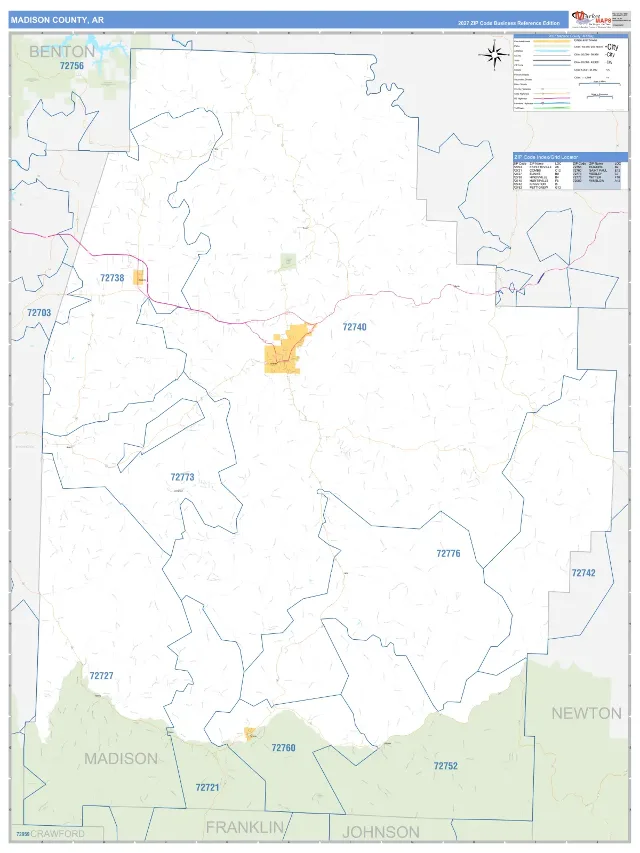 Madison County, AR ZIP Code Wall Map, Business Reference style