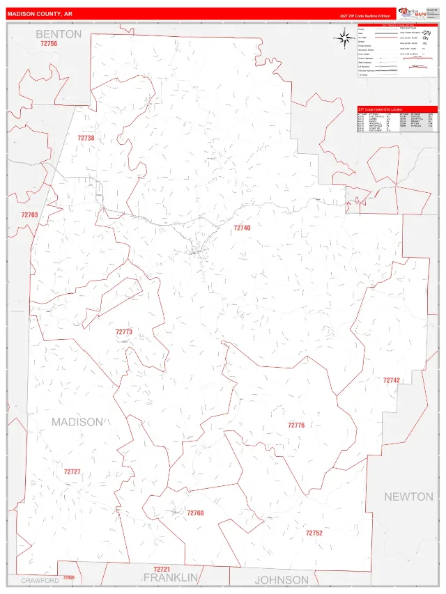Madison County, AR ZIP Code Wall Map, RedLine style