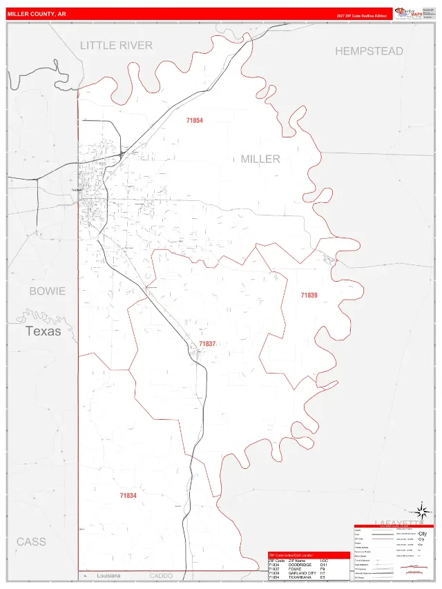 Miller County, AR ZIP Code Wall Map, RedLine style