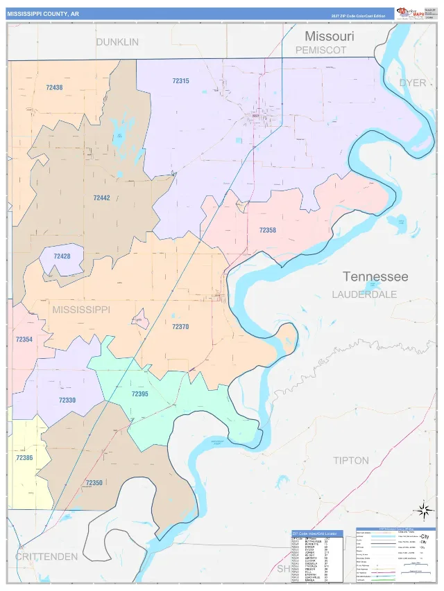 Mississippi County, AR ZIP Code Wall Map, ColorCast style