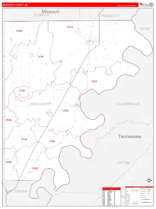 Mississippi County, AR RedLine style ZIP Code wall map