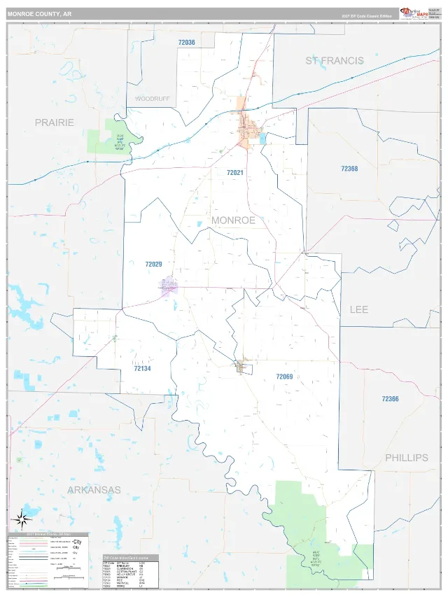 Monroe County, AR ZIP Code Wall Map, Classic style