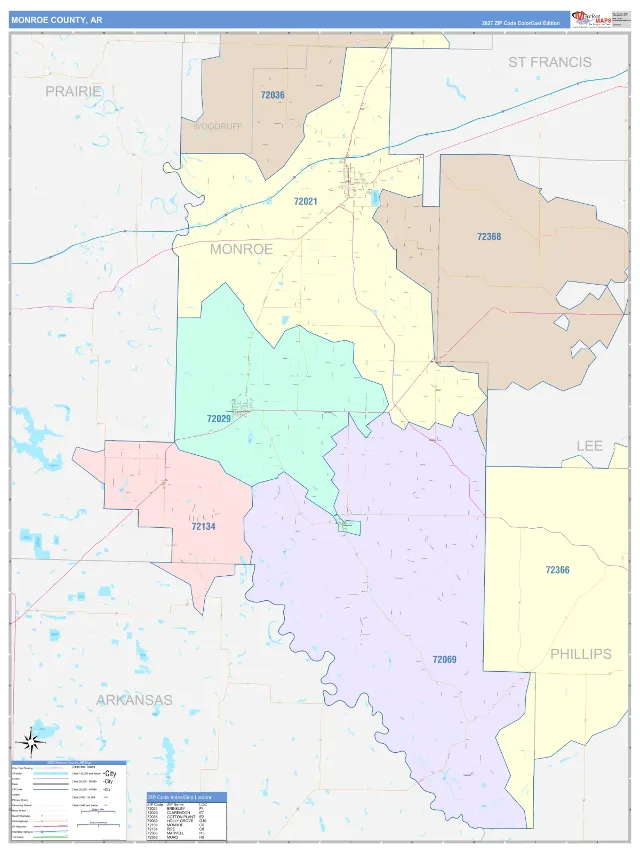 Monroe County, AR ZIP Code Wall Map, ColorCast style