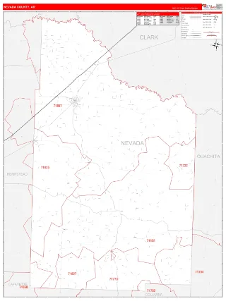 Nevada County, AR RedLine style ZIP Code wall map