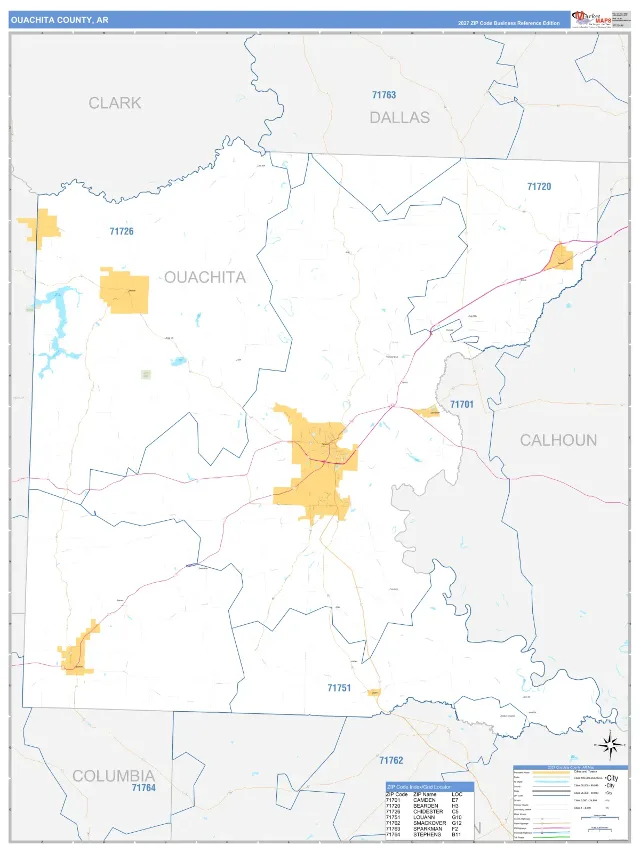 Ouachita County, AR ZIP Code Wall Map, Business Reference style