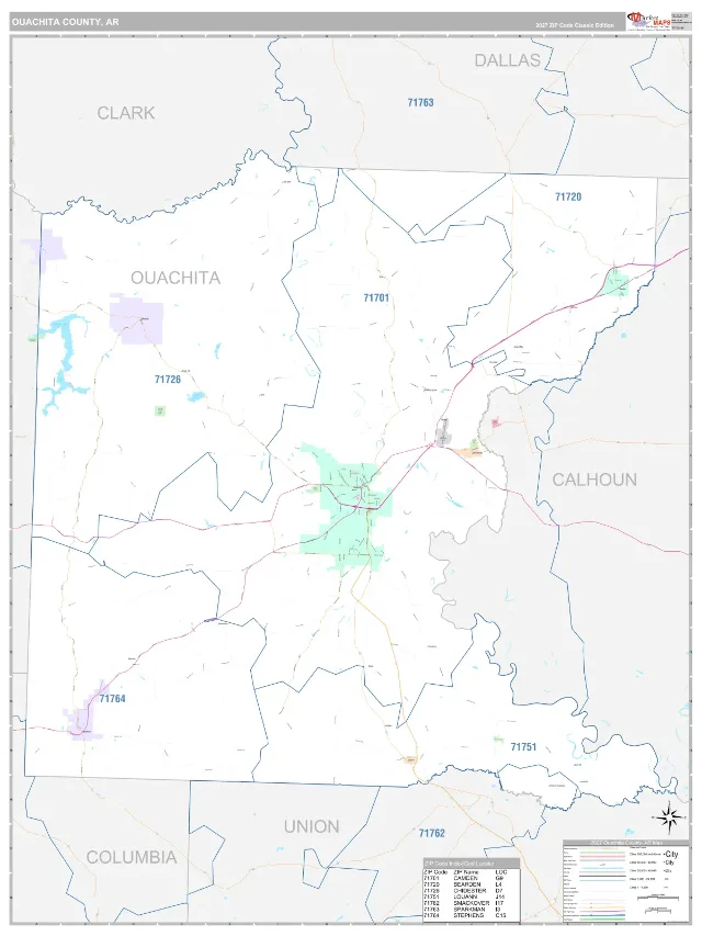 Ouachita County, AR ZIP Code Wall Map, Classic style