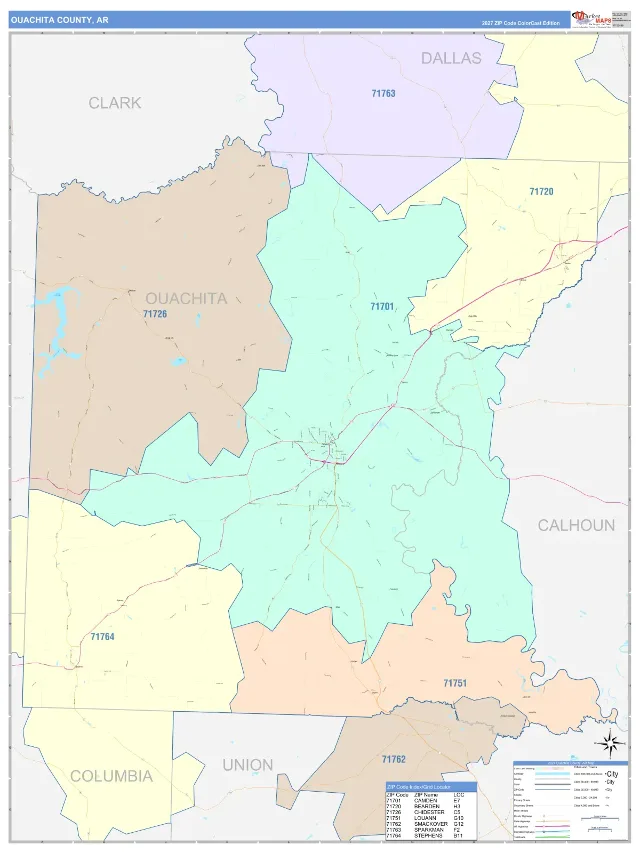 Ouachita County, AR ZIP Code Wall Map, ColorCast style
