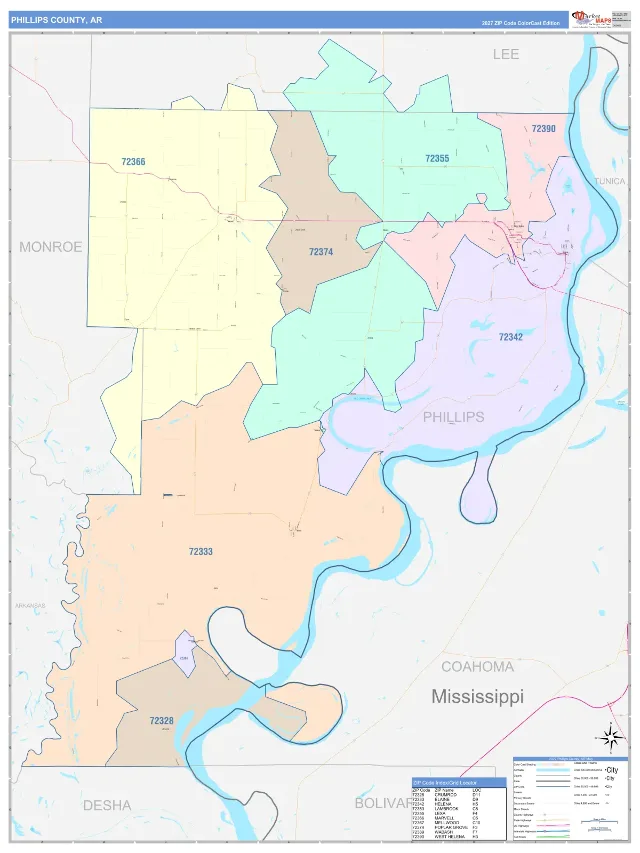 Phillips County, AR ZIP Code Wall Map, ColorCast style