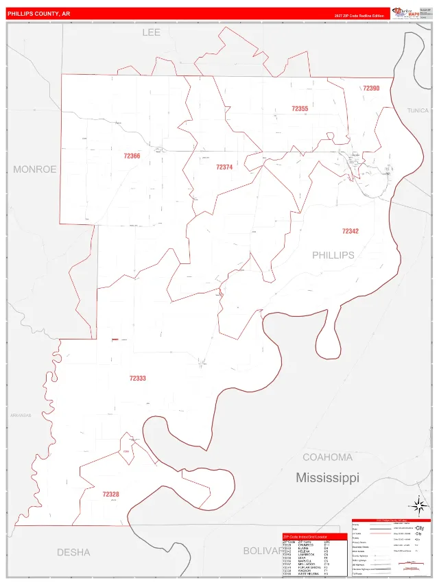 Phillips County, AR ZIP Code Wall Map, RedLine style