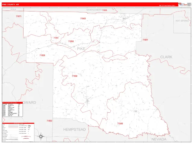 Pike County, AR ZIP Code Wall Map, RedLine style