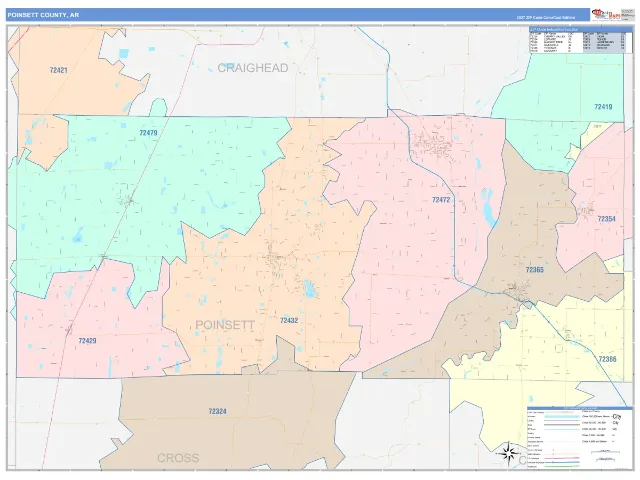 Poinsett County, AR ZIP Code Wall Map, ColorCast style
