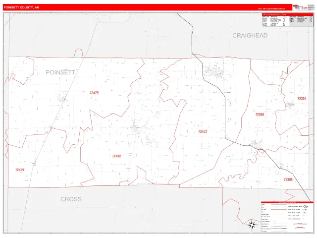 Poinsett County, AR ZIP Code Wall Map, RedLine style