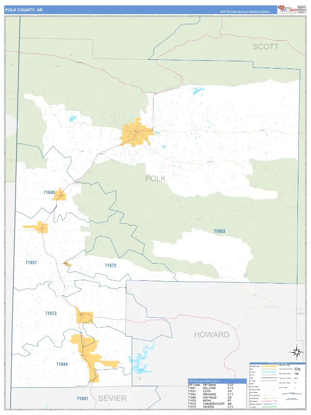 Polk County, AR ZIP Code Wall Map, Business Reference style