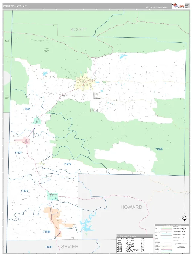 Polk County, AR ZIP Code Wall Map, Classic style