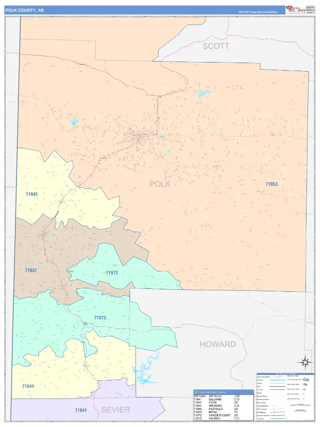 Polk County, AR ZIP Code Wall Map, ColorCast style