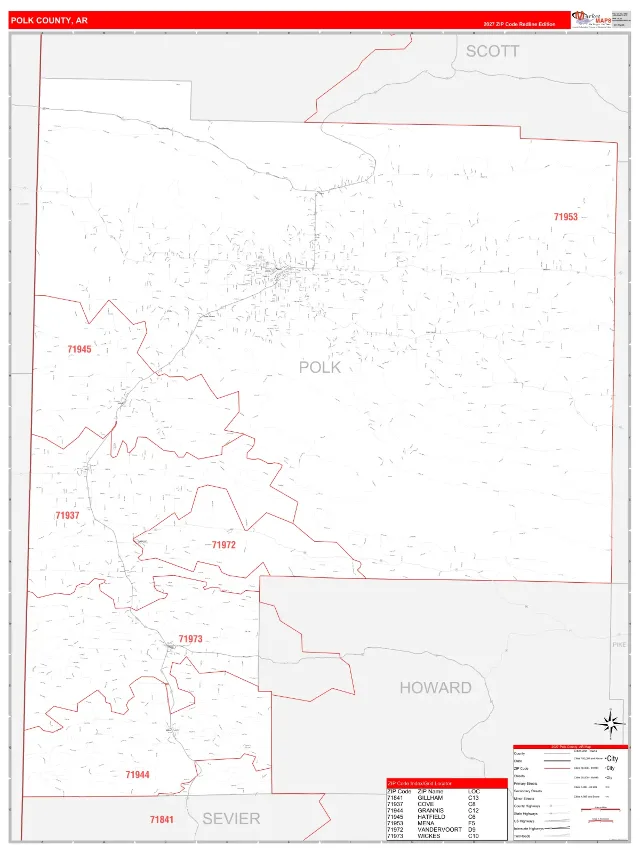 Polk County, AR ZIP Code Wall Map, RedLine style