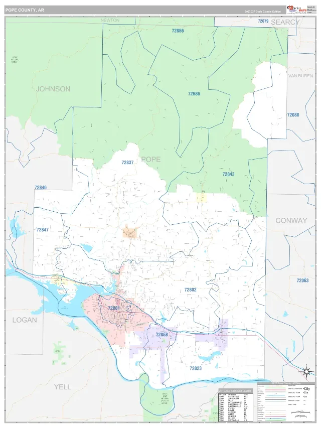 Pope County, AR ZIP Code Wall Map, Classic style