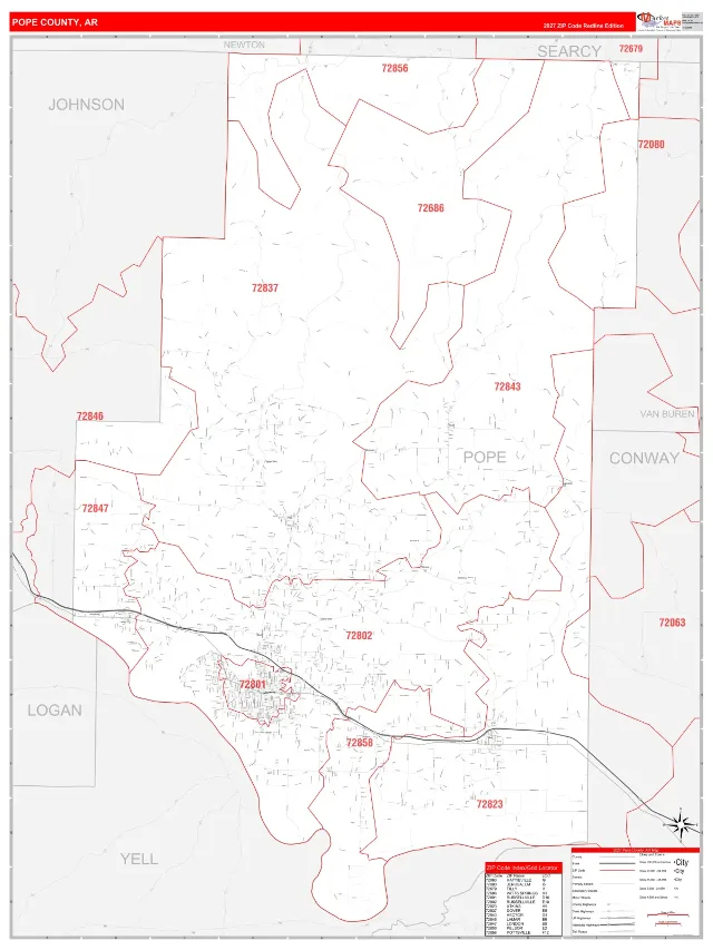 Pope County, AR ZIP Code Wall Map, RedLine style