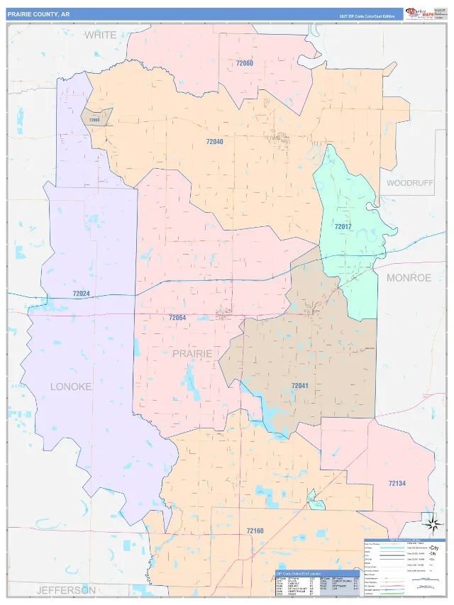 Prairie County, AR ZIP Code Wall Map, ColorCast style