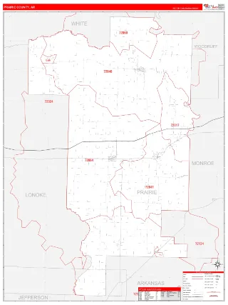Prairie County, AR RedLine style ZIP Code wall map