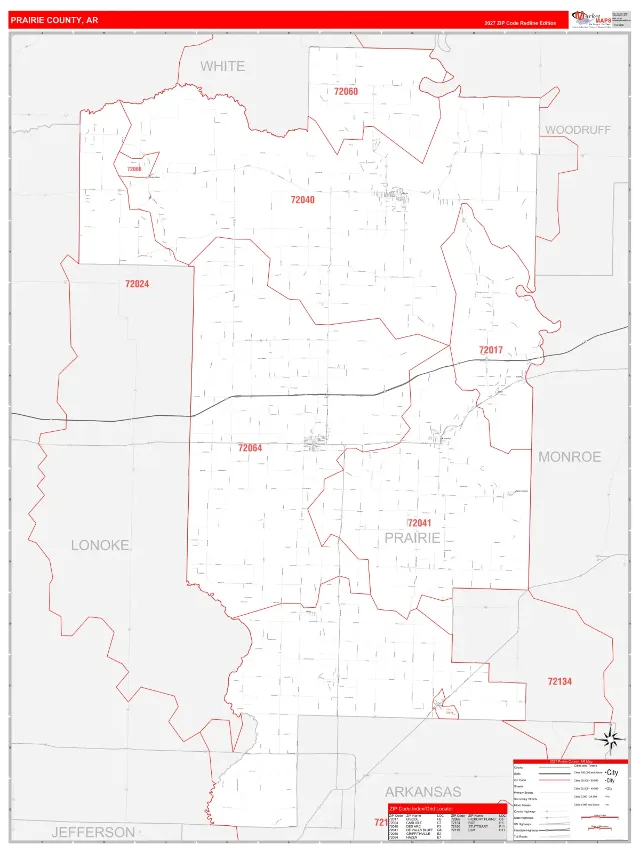 Prairie County, AR ZIP Code Wall Map, RedLine style