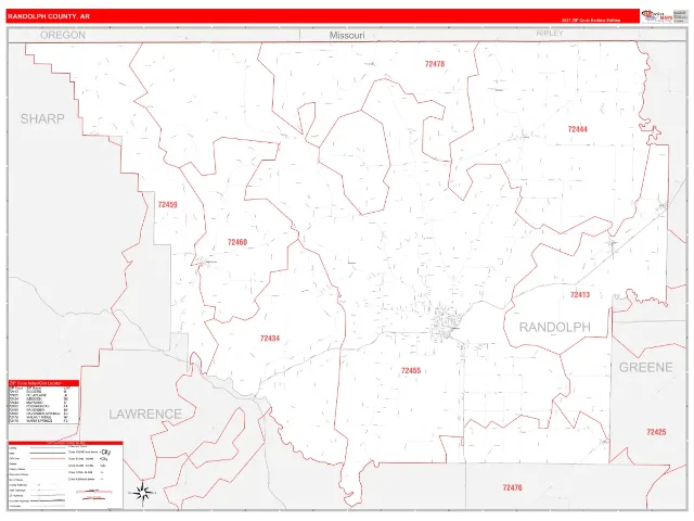 Randolph County, AR ZIP Code Wall Map, RedLine style