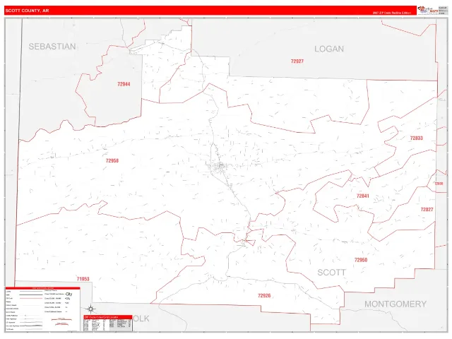 Scott County, AR ZIP Code Wall Map, RedLine style