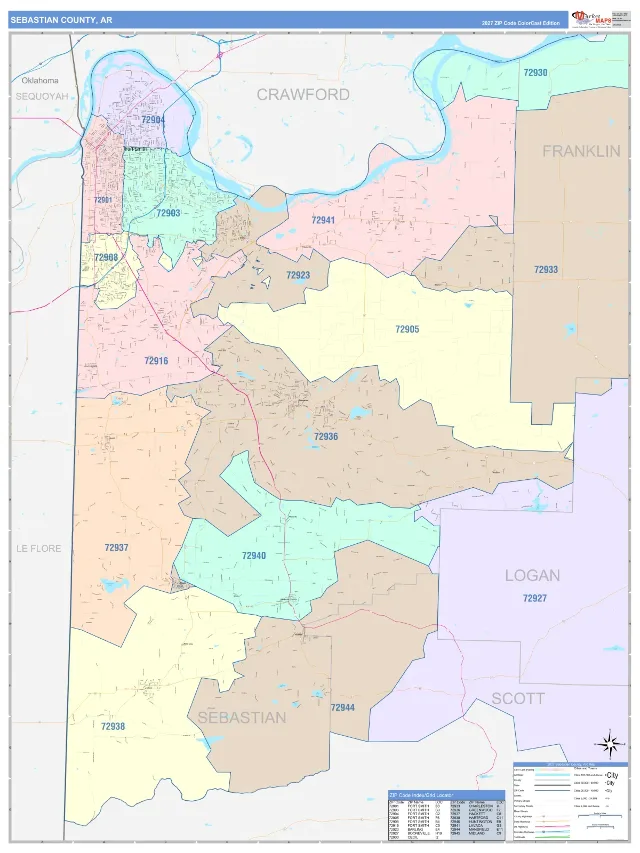 Sebastian County, AR ZIP Code Wall Map, ColorCast style