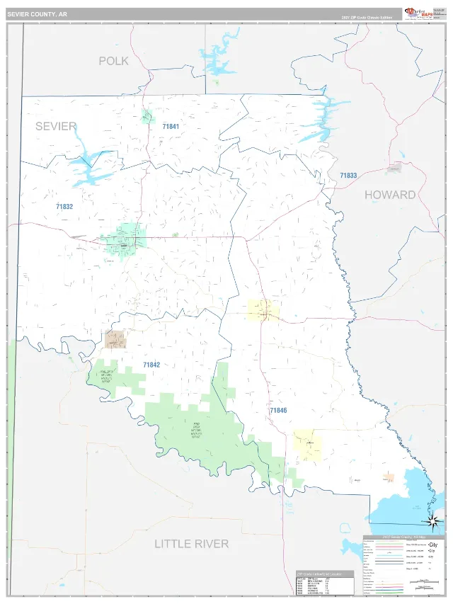 Sevier County, AR ZIP Code Wall Map, Classic style