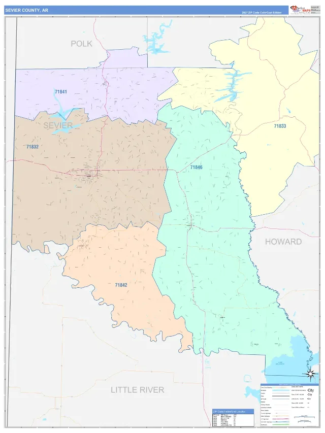 Sevier County, AR ZIP Code Wall Map, ColorCast style