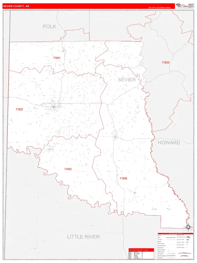 Sevier County, AR ZIP Code Wall Map, RedLine style