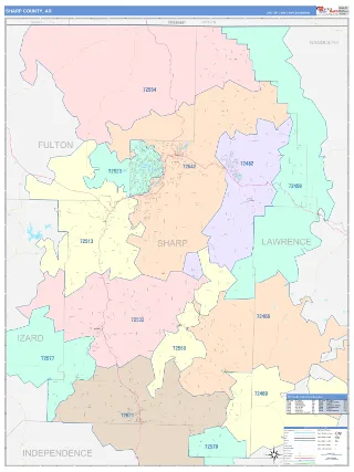 Sharp County, AR ColorCast style ZIP Code wall map