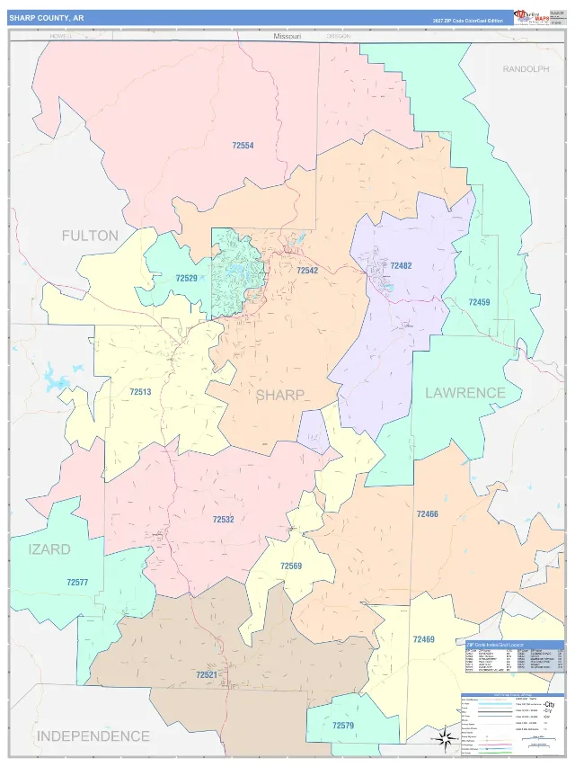 Sharp County, AR ZIP Code Wall Map, ColorCast style