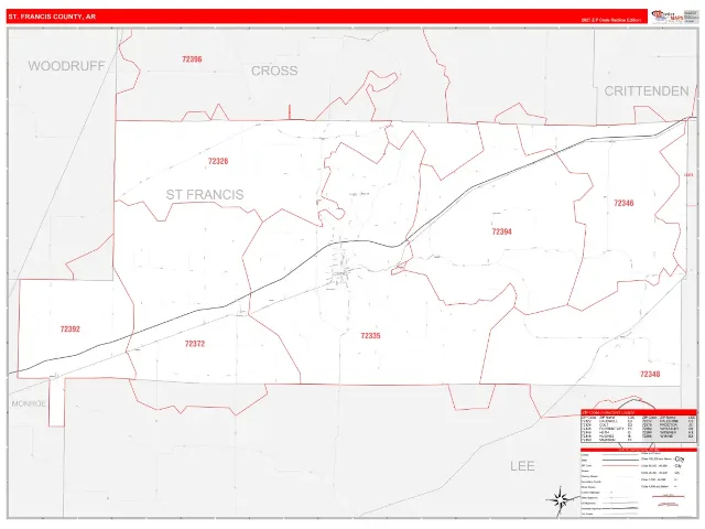 St. Francis County, AR ZIP Code Wall Map, RedLine style