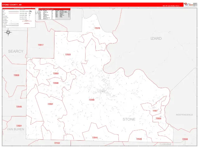 Stone County, AR ZIP Code Wall Map, RedLine style