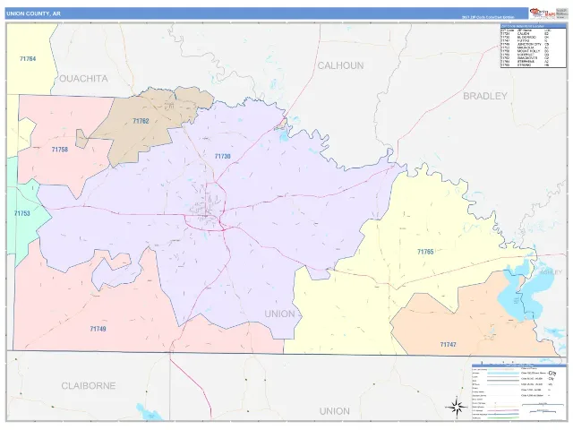 Union County, AR ZIP Code Wall Map, ColorCast style