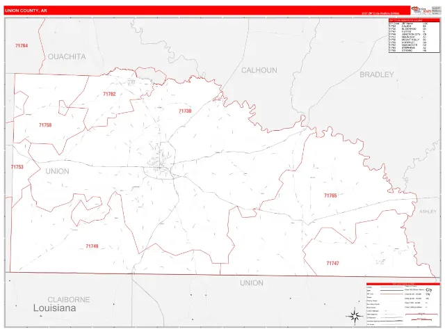 Union County, AR ZIP Code Wall Map, RedLine style